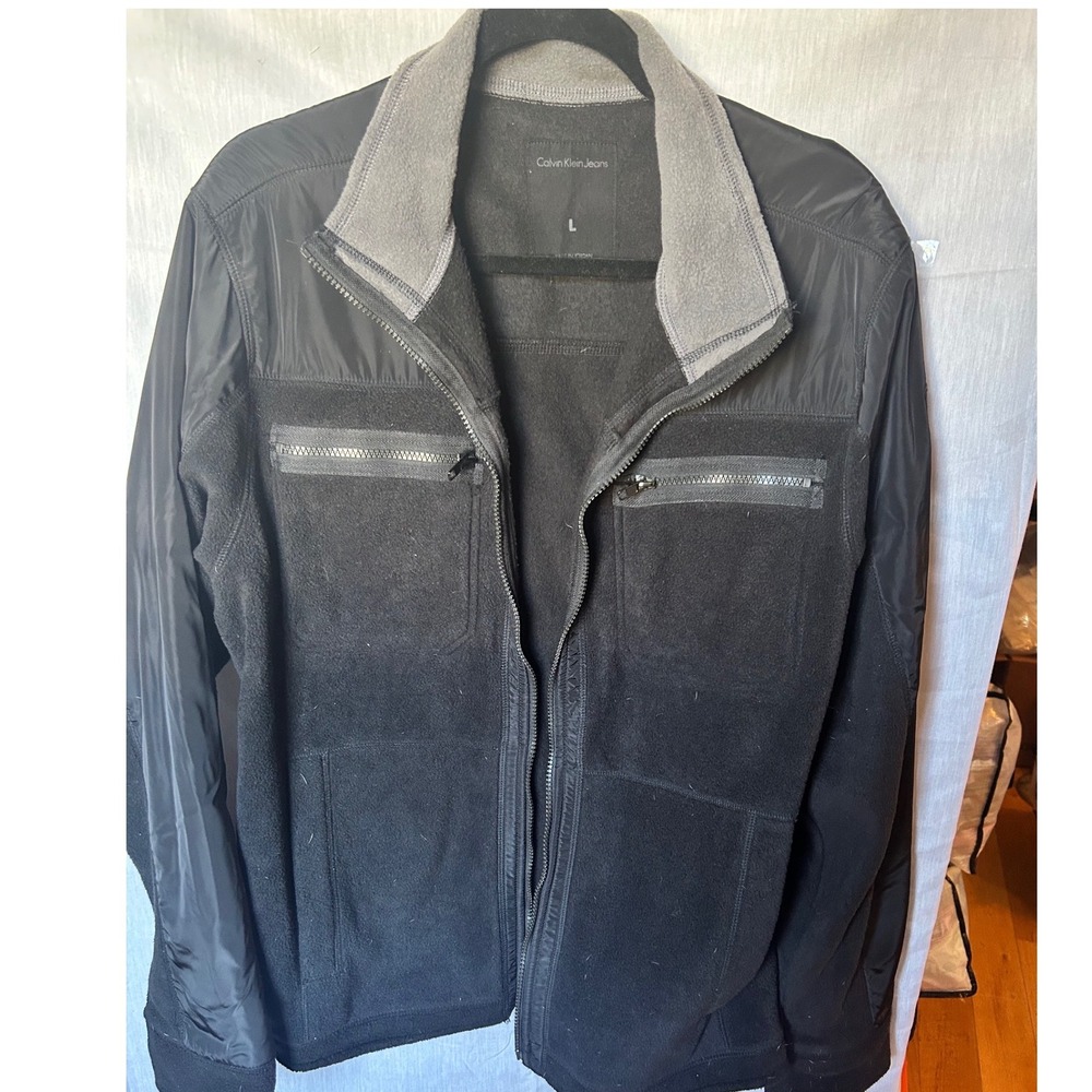 Calvin Klein Jeans Mens Black Mixed Media Full Zip Fleece Jacket Large